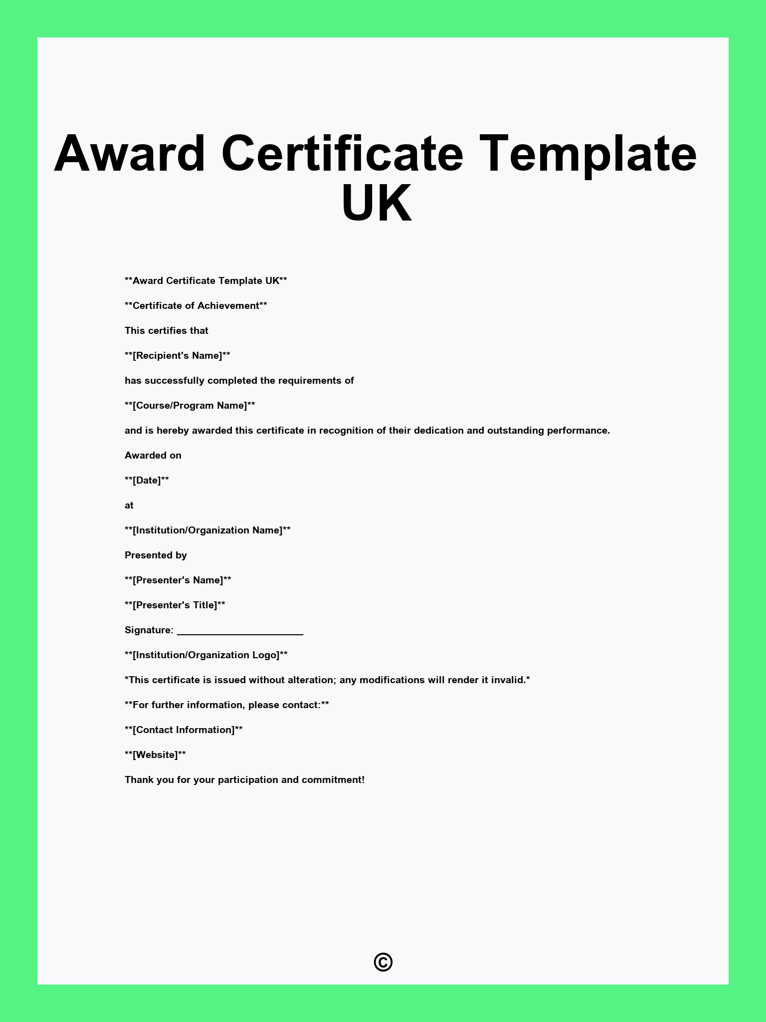 Award Certificate Template UK