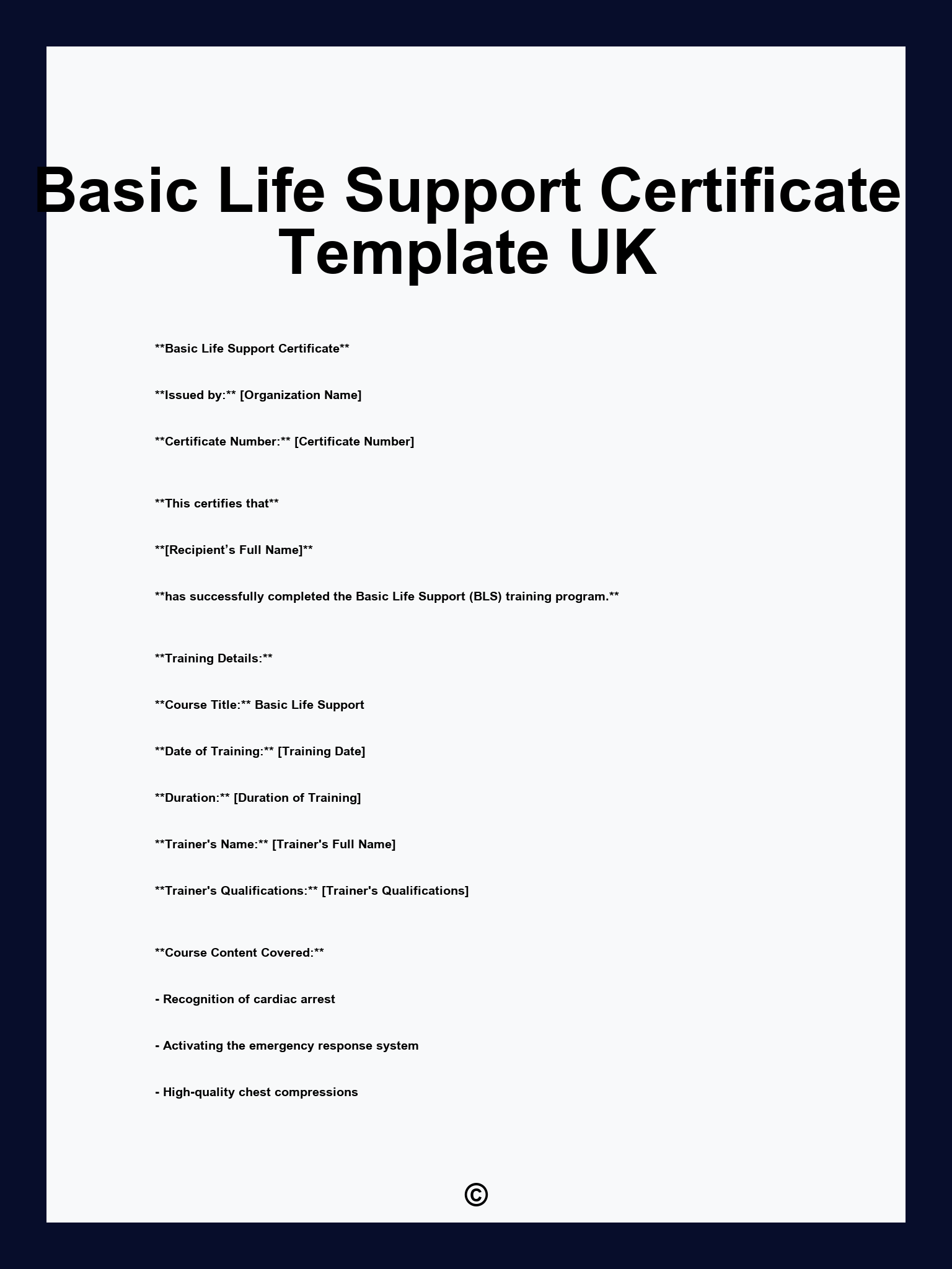 Basic Life Support Certificate Template UK