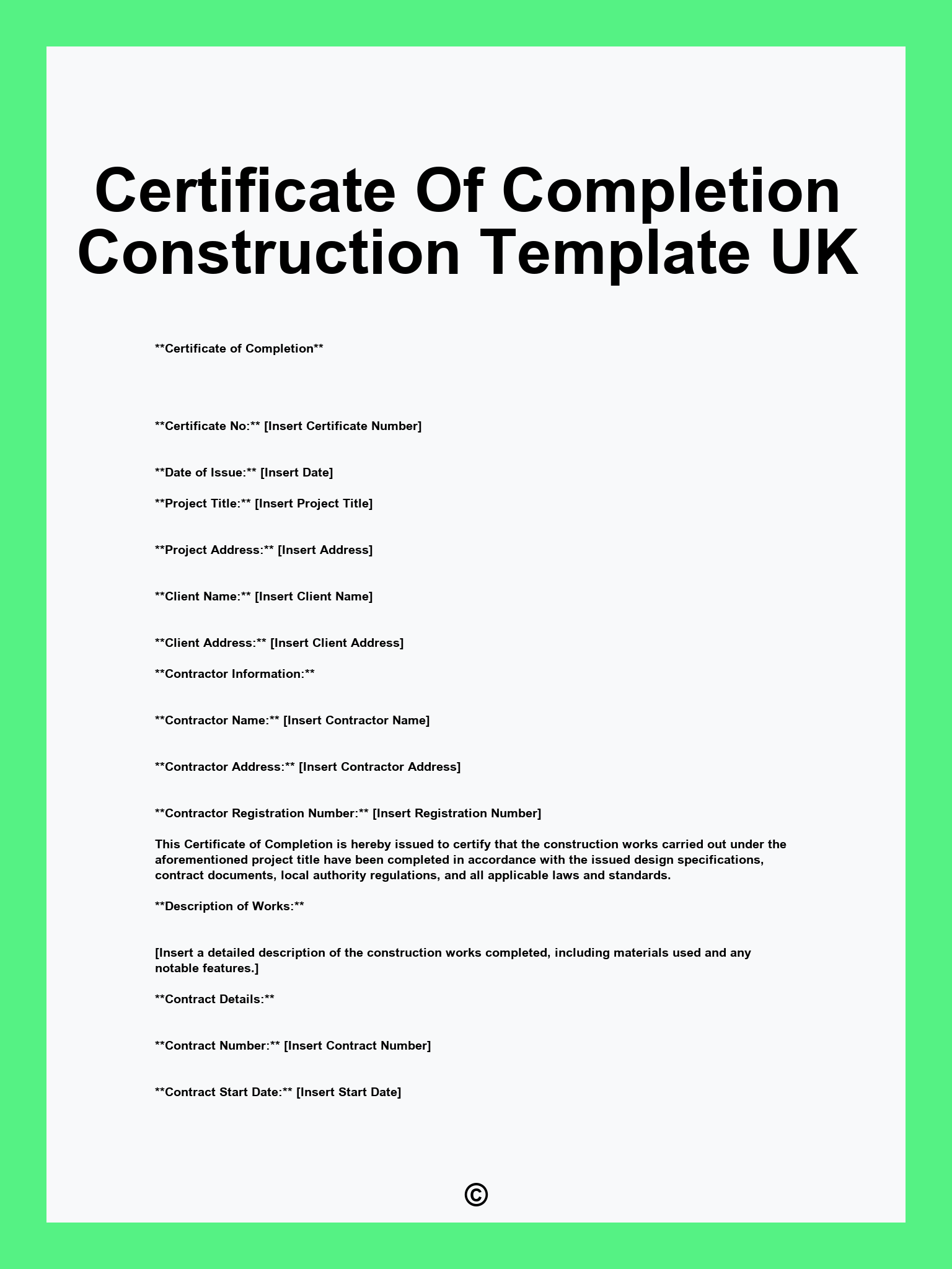 Certificate Of Completion Construction Template UK