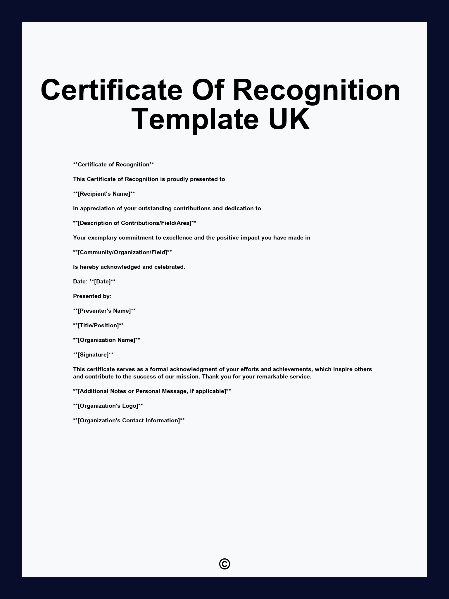 Certificate Of Recognition Template UK
