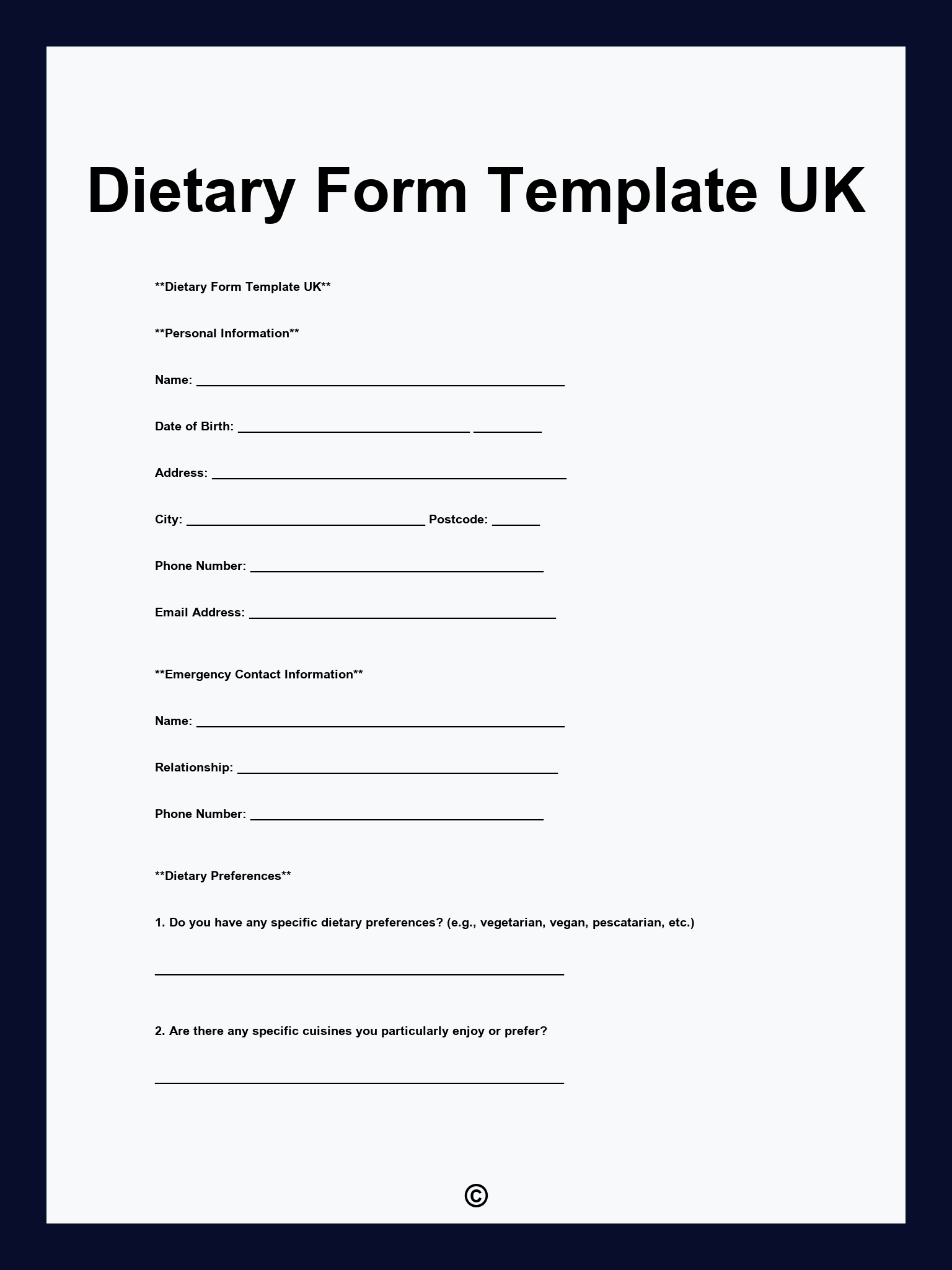 Dietary Form Template UK