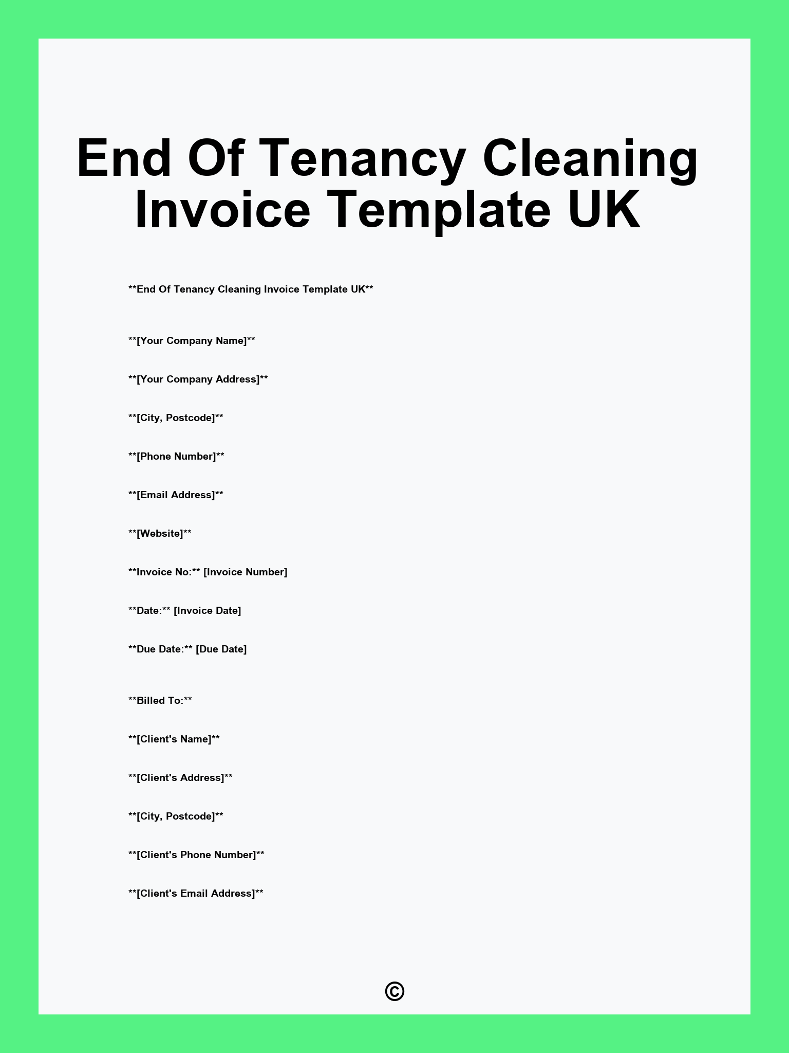 End Of Tenancy Cleaning Invoice Template UK