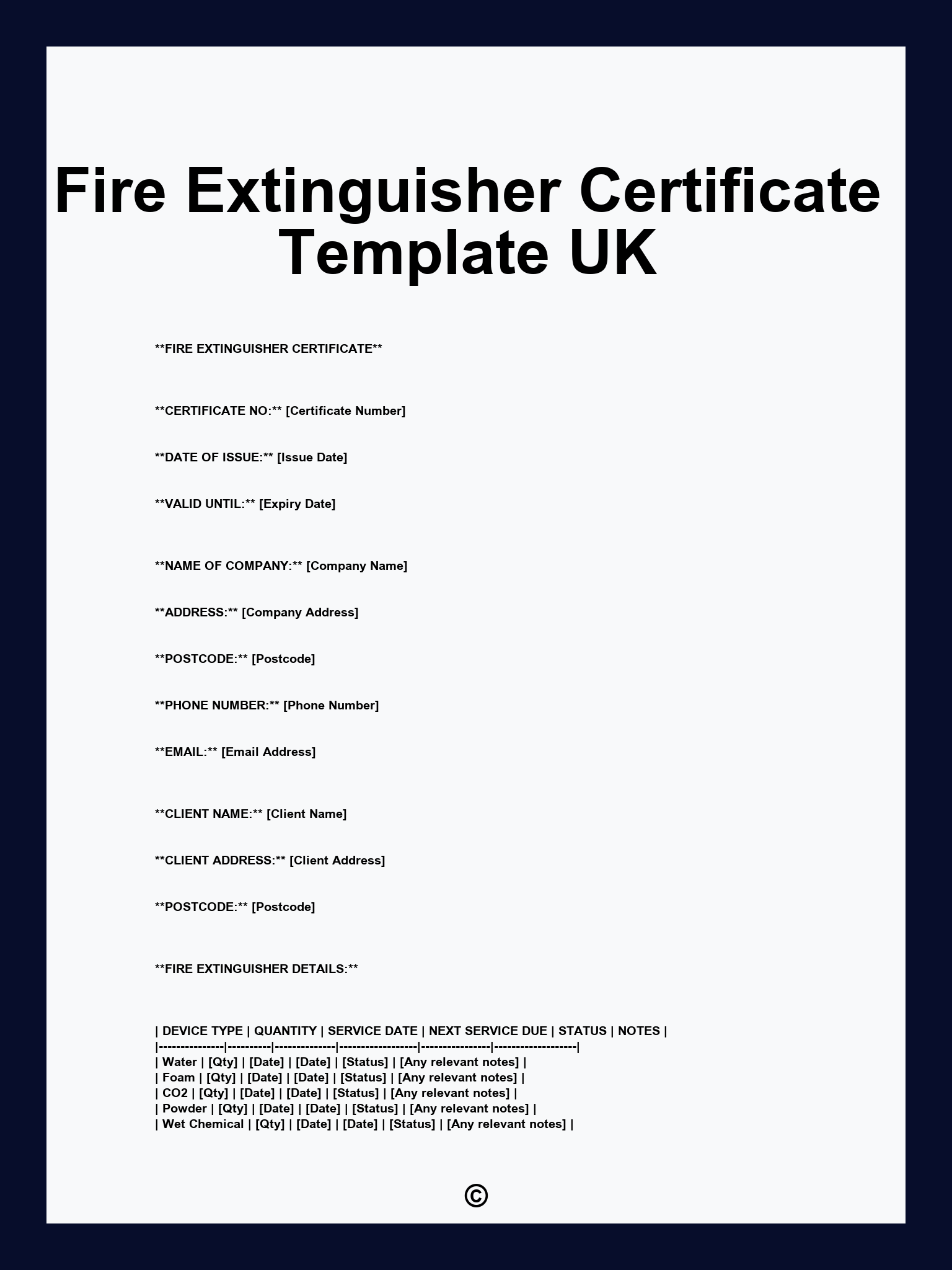 Fire Extinguisher Certificate Template UK