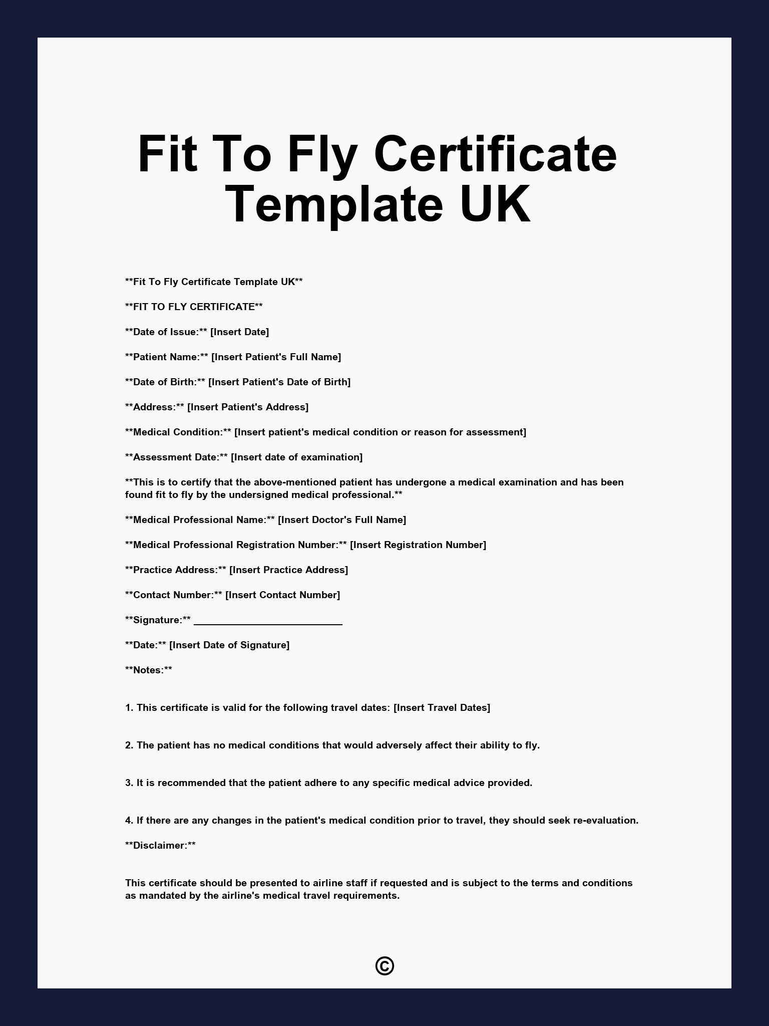 Fit To Fly Certificate Template UK