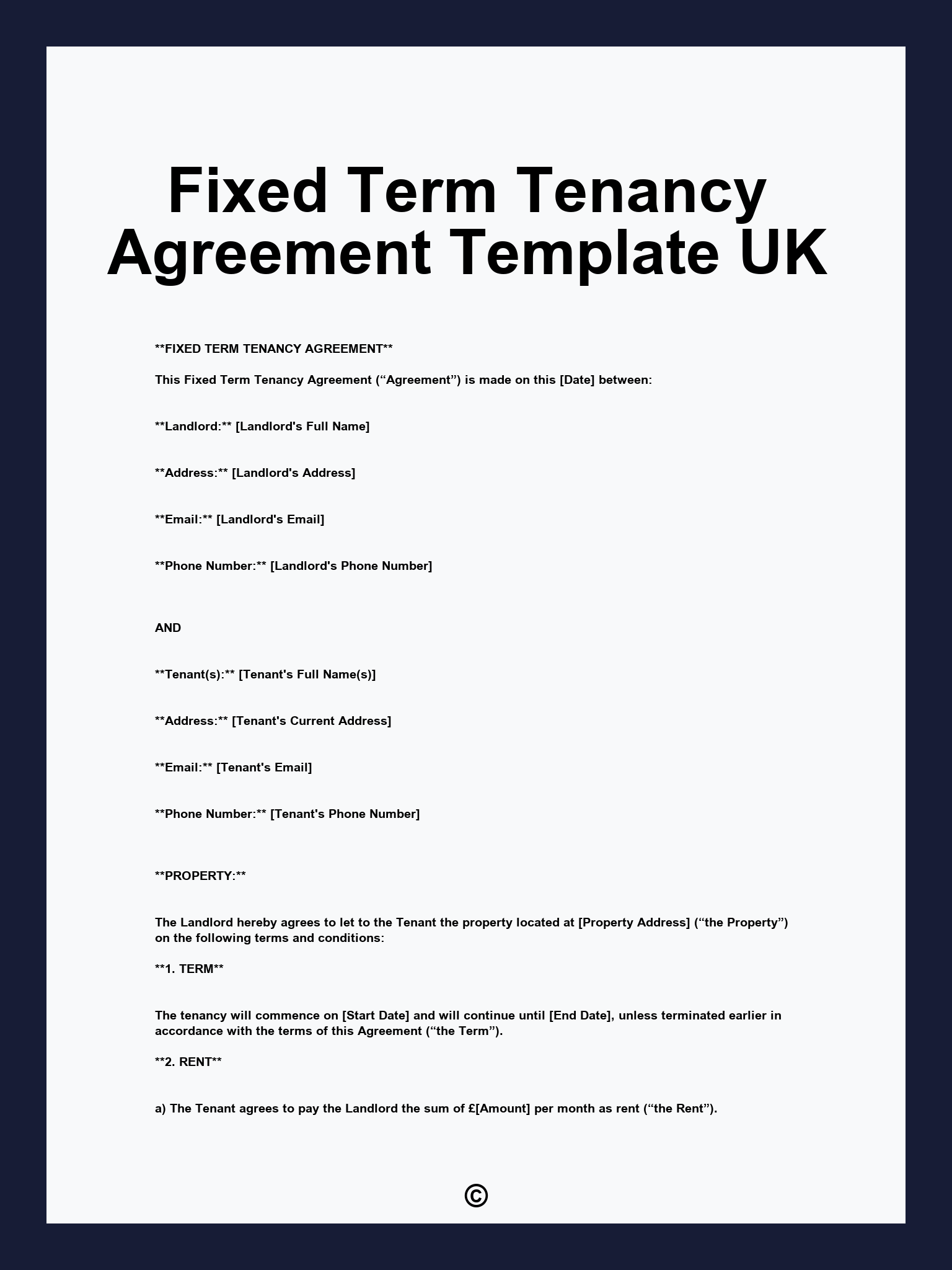Fixed Term Tenancy Agreement Template UK