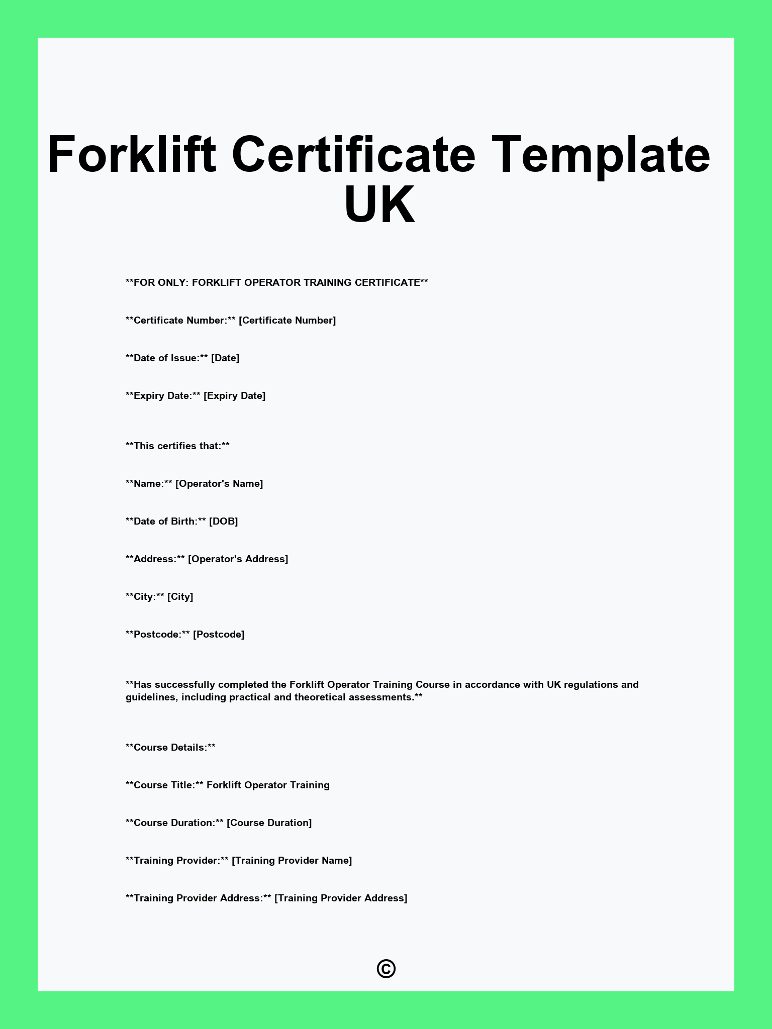 Forklift Certificate Template UK
