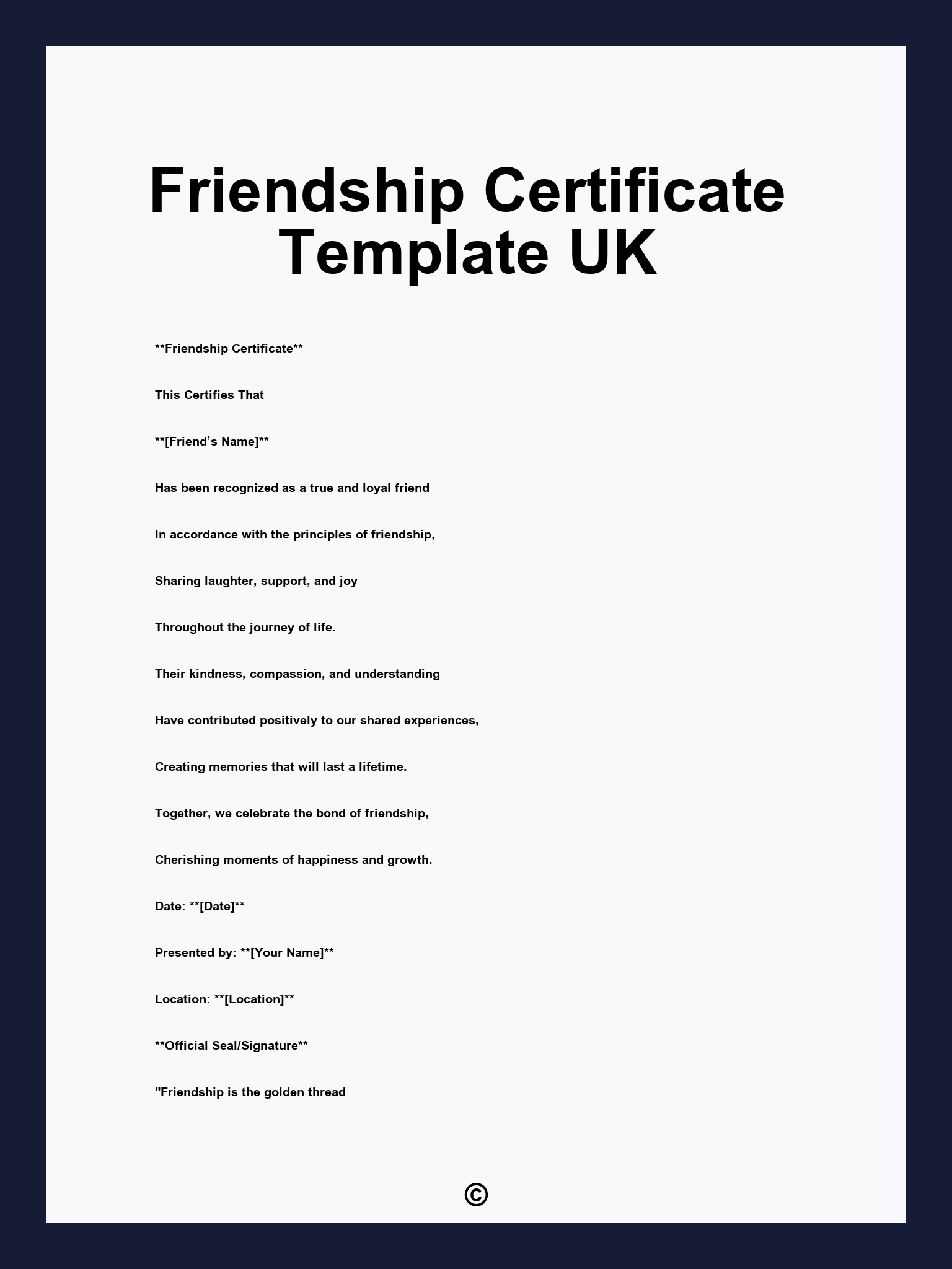 Friendship Certificate Template UK