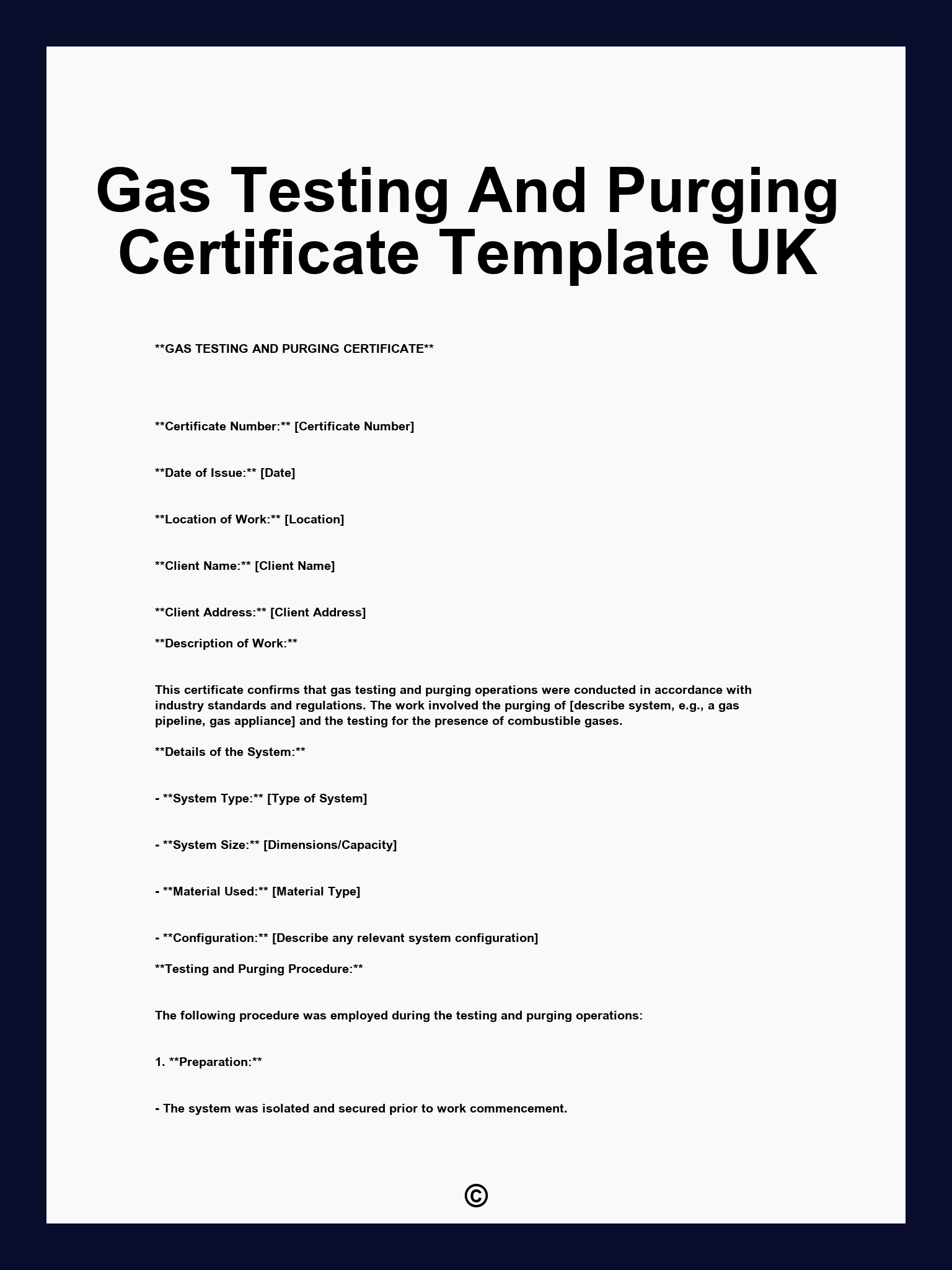 Gas Testing And Purging Certificate Template UK