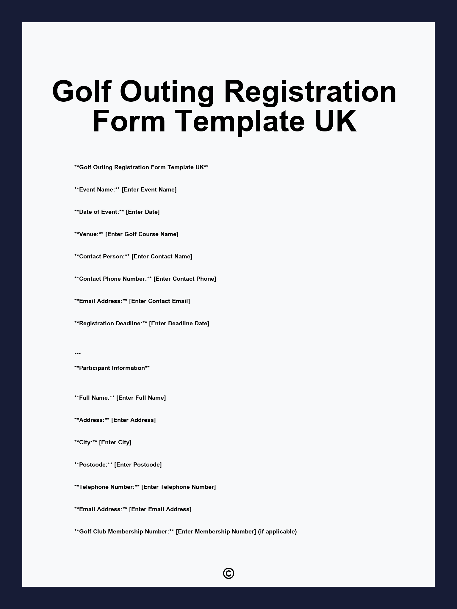 Golf Outing Registration Form Template UK