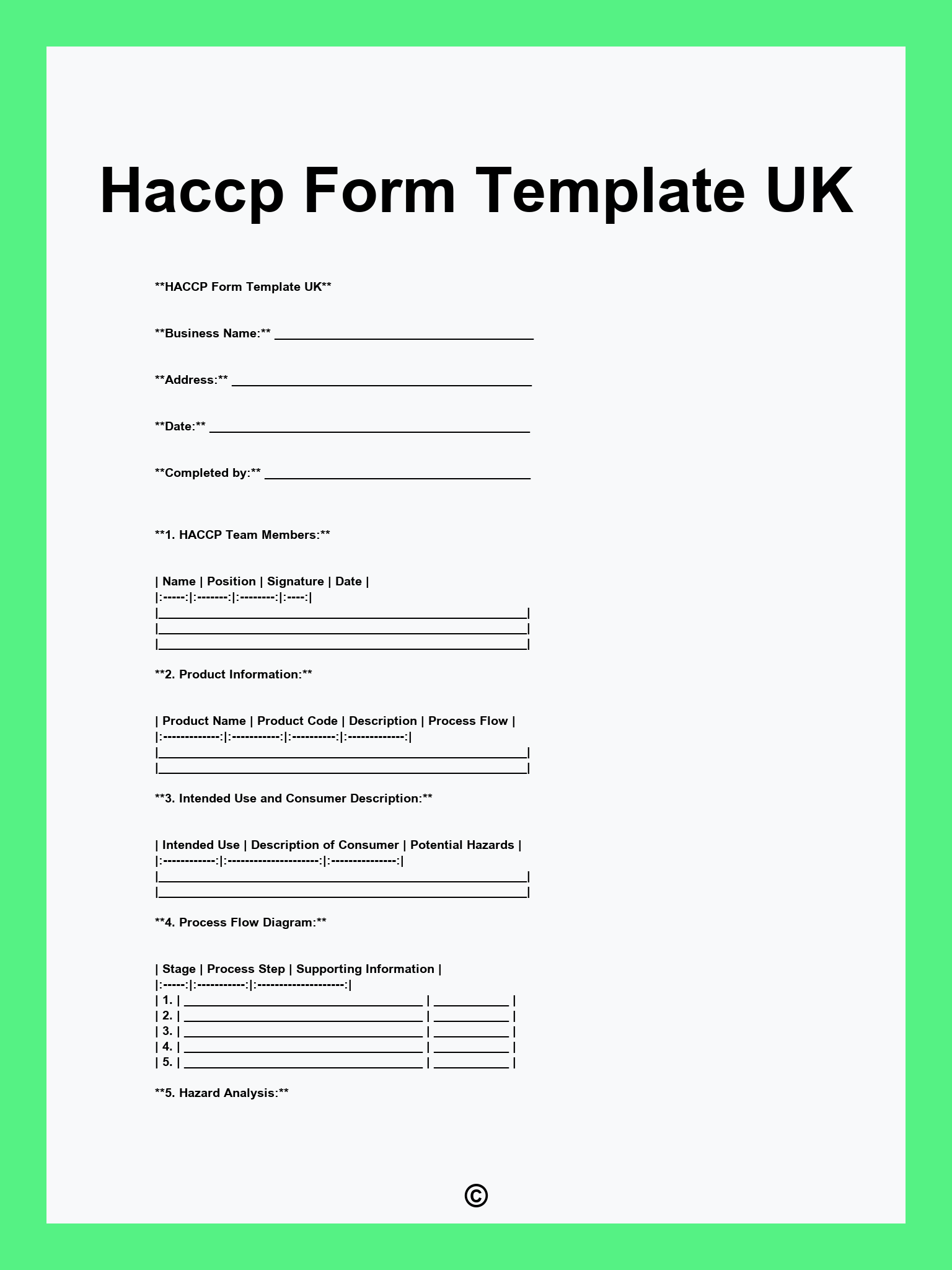 Haccp Form Template UK