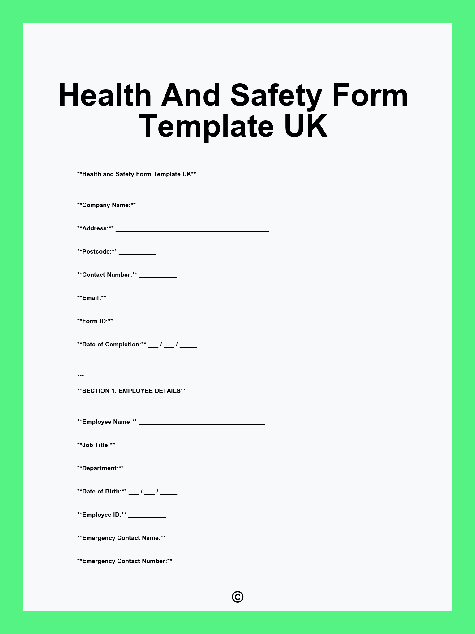 Health And Safety Form Template UK
