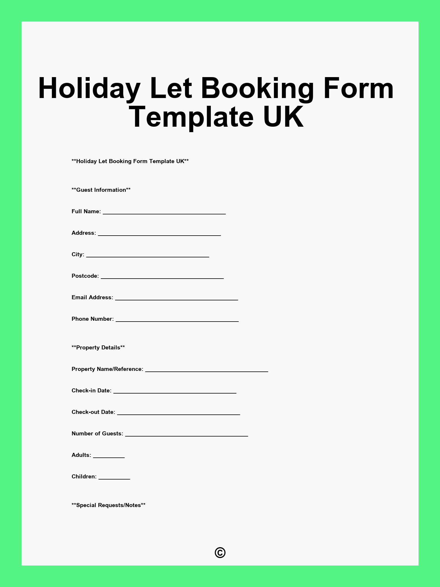 Holiday Let Booking Form Template UK