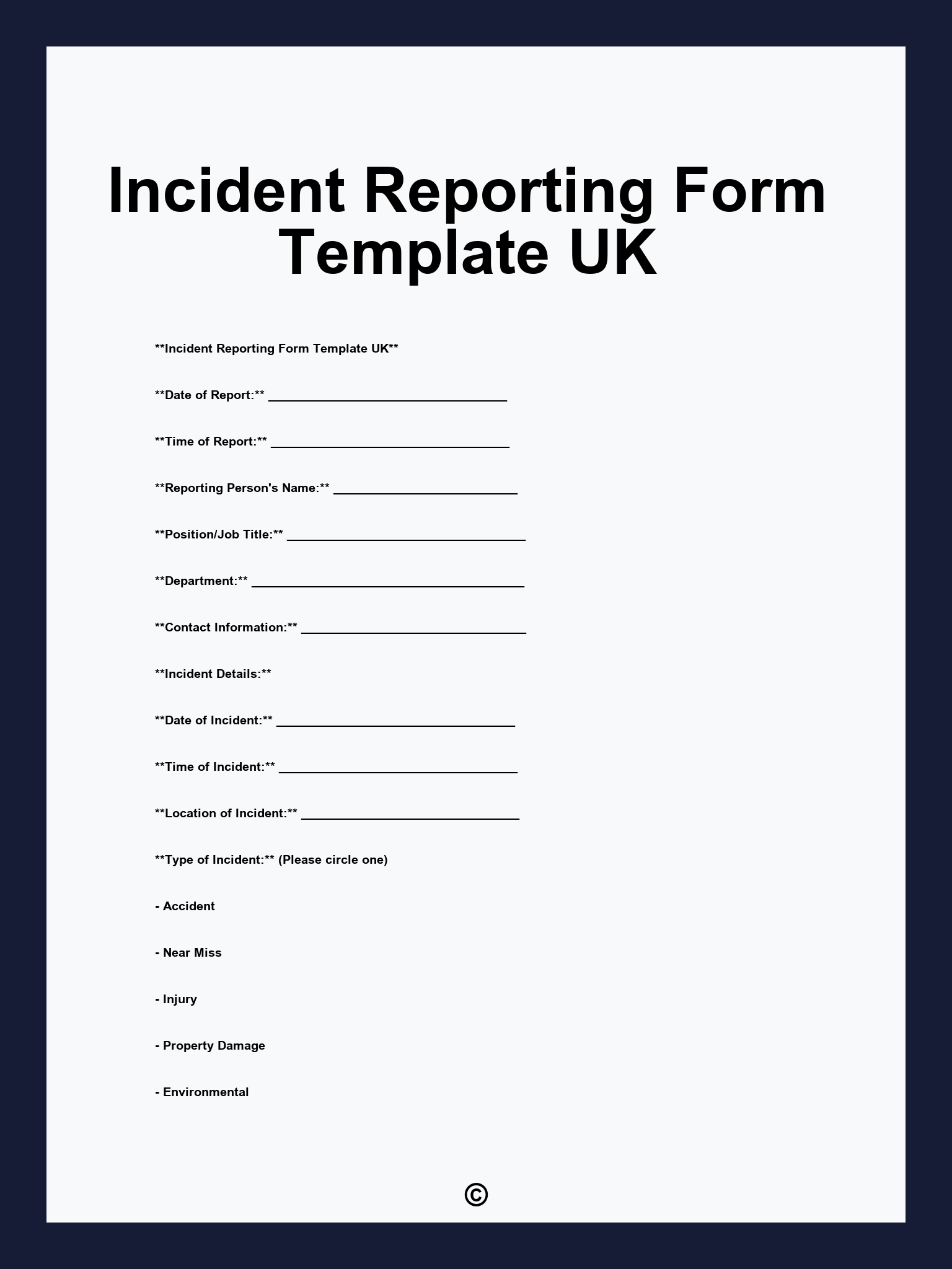 Incident Reporting Form Template UK