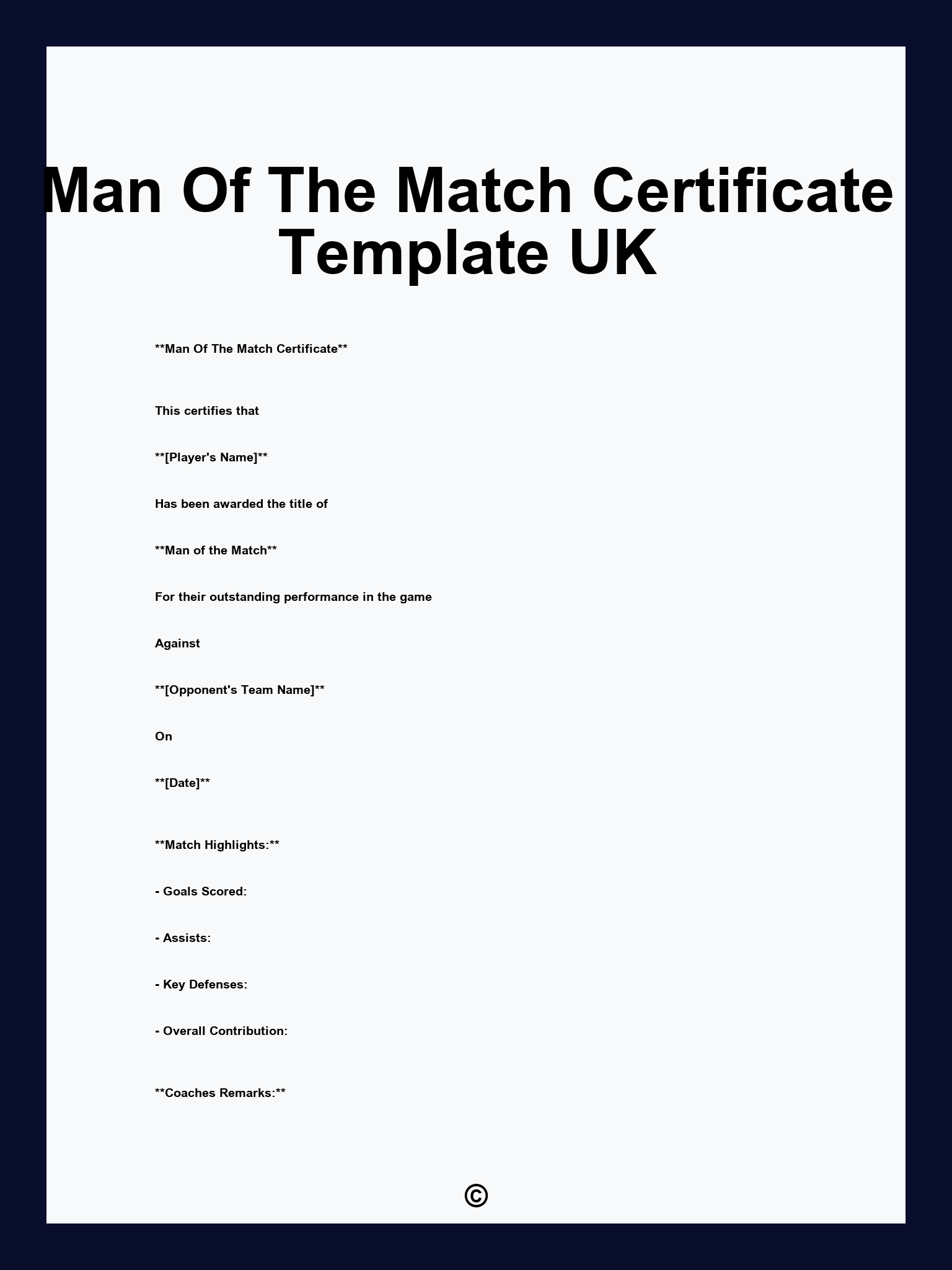 Man Of The Match Certificate Template UK