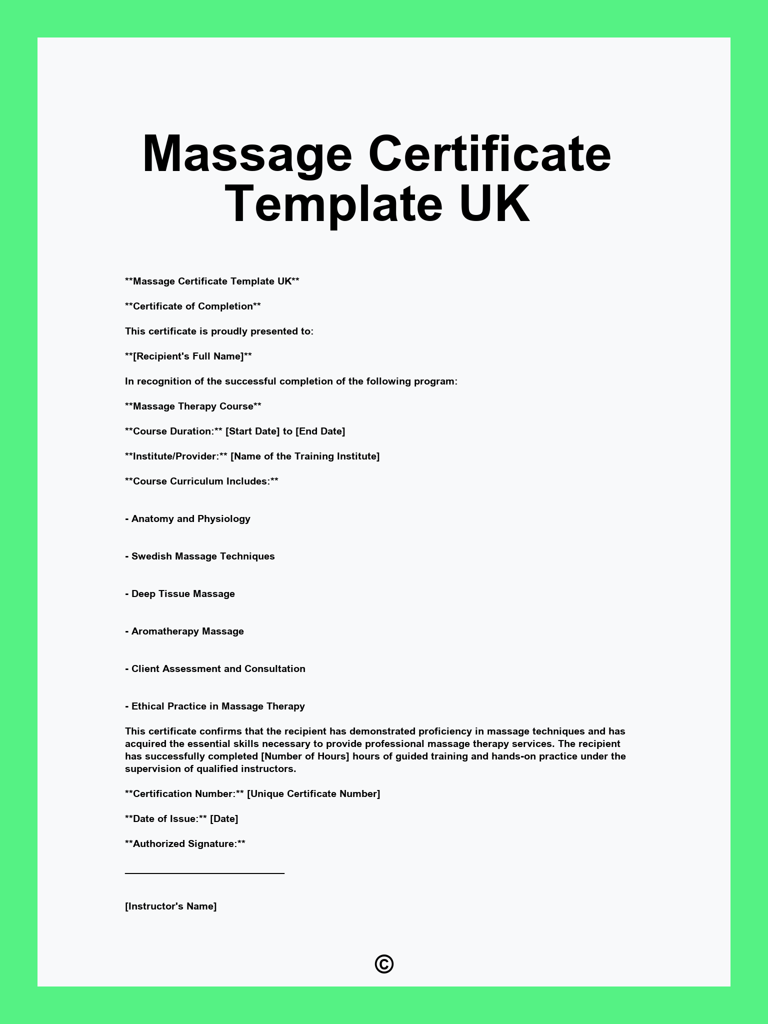 Massage Certificate Template UK