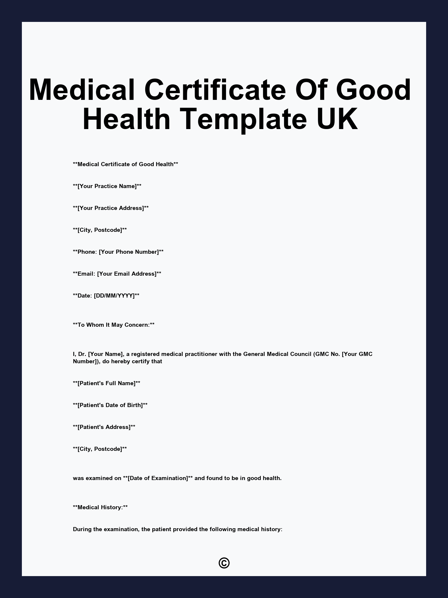 Medical Certificate Of Good Health Template UK