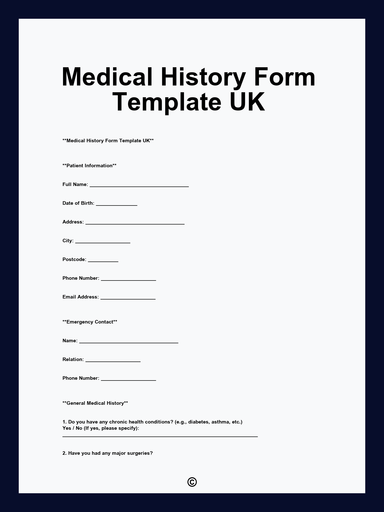 Medical History Form Template UK