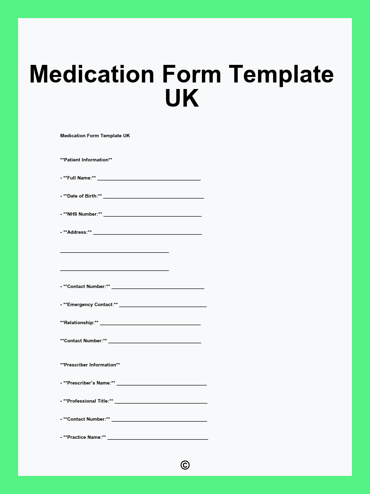 Medication Form Template UK