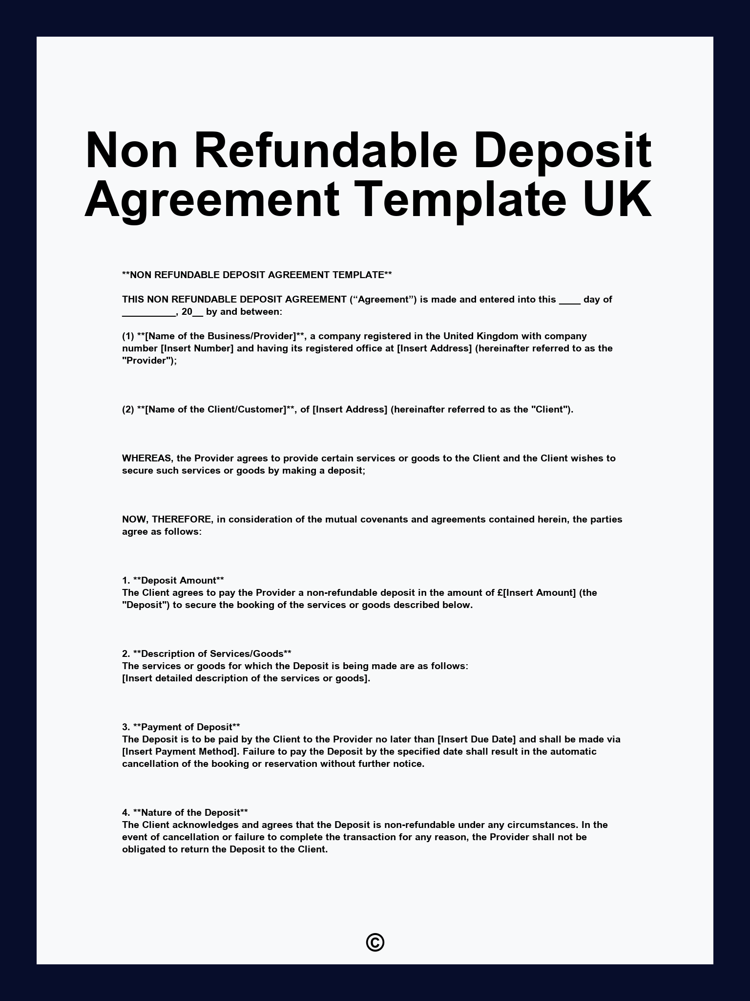 Non Refundable Deposit Agreement Template UK