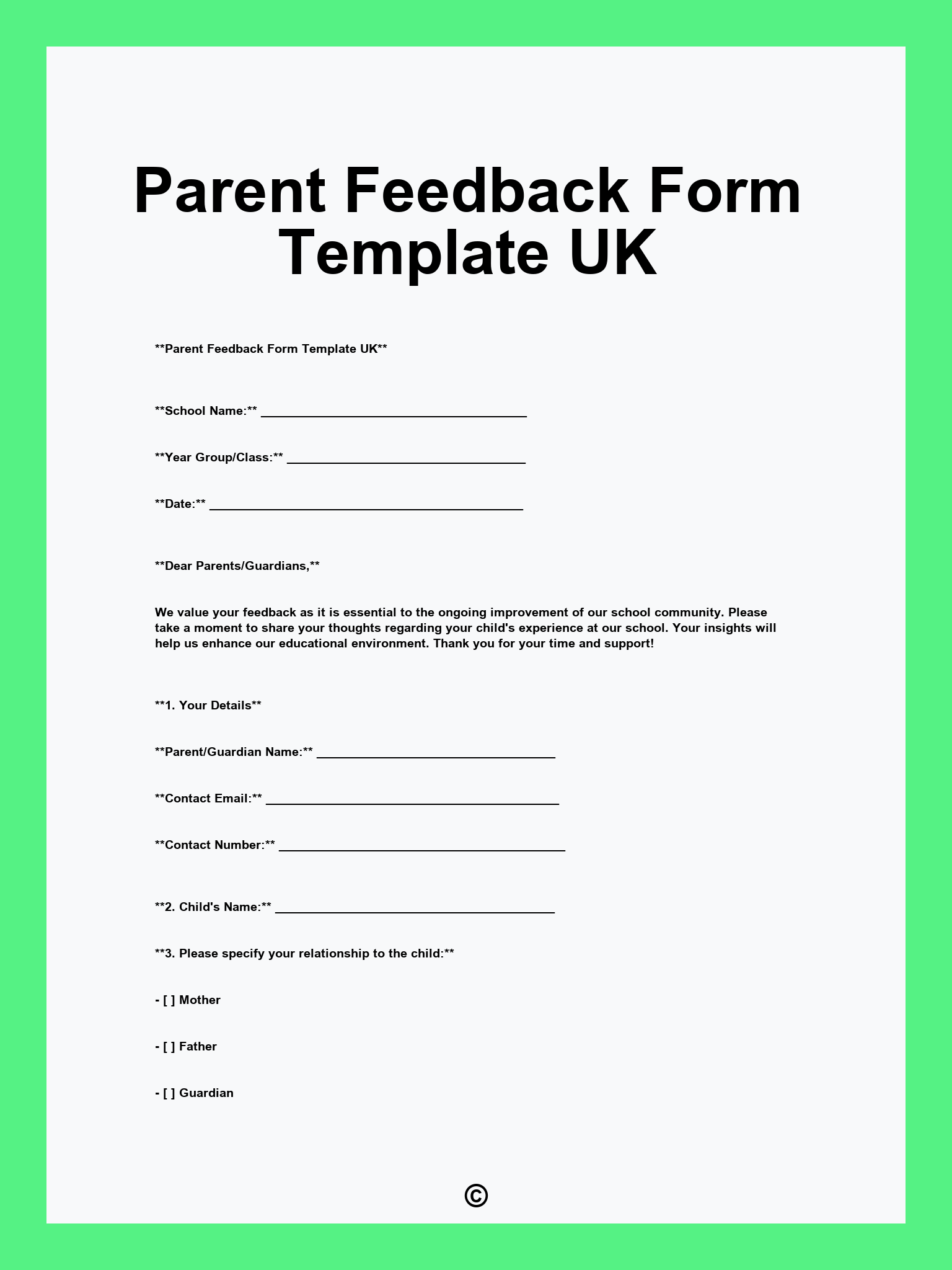 Parent Feedback Form Template UK