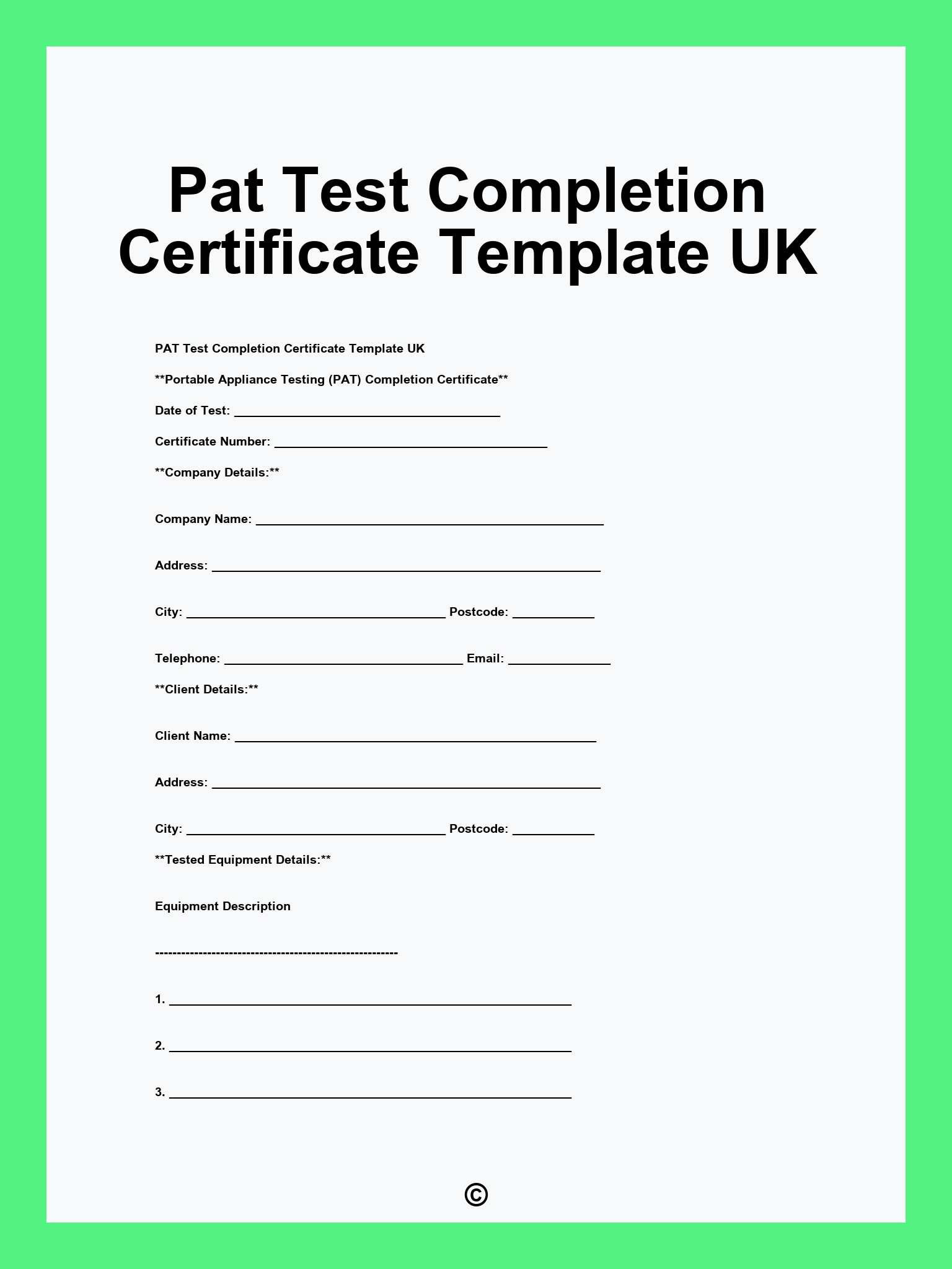 Pat Test Completion Certificate Template UK