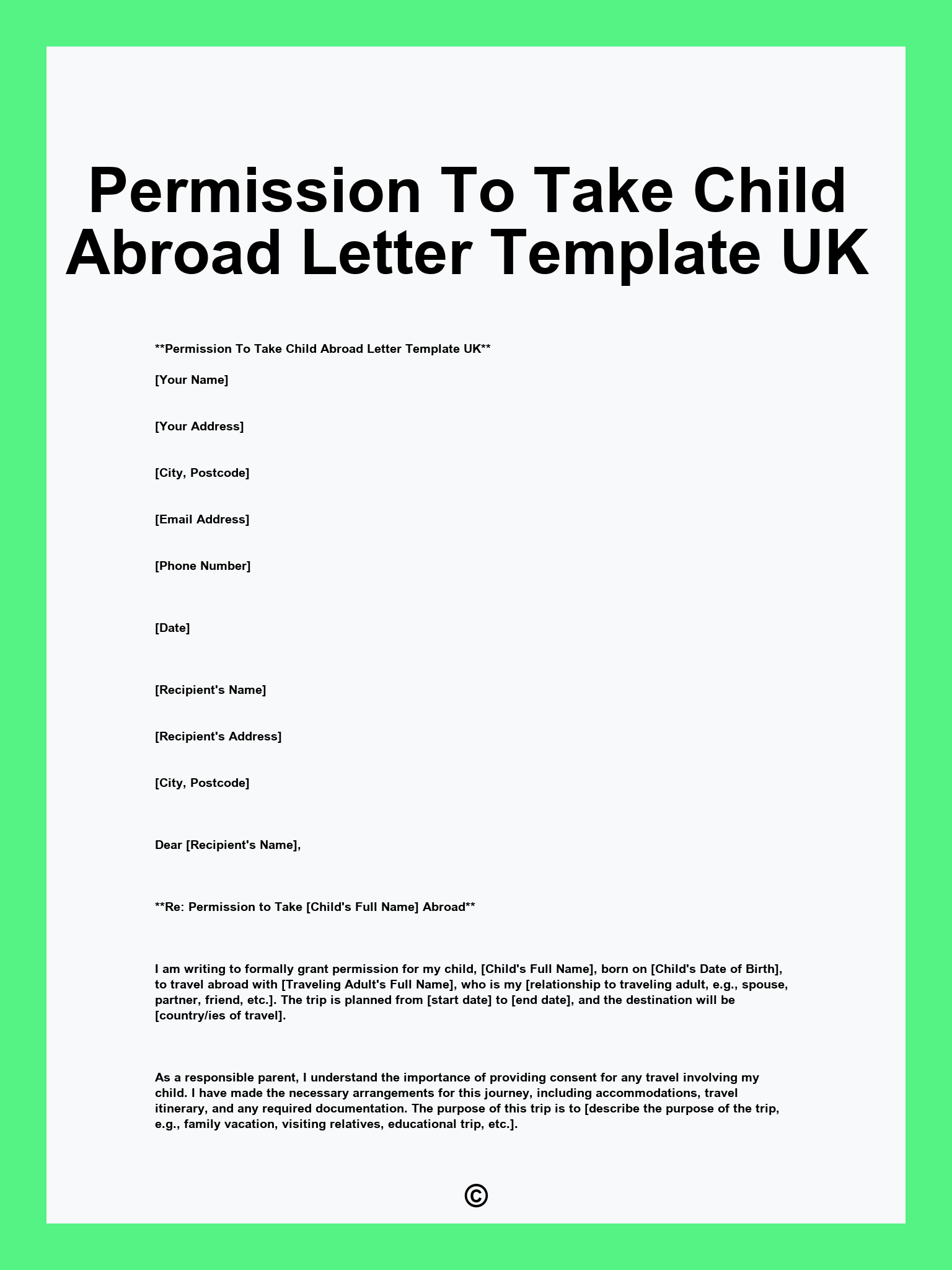 Permission To Take Child Abroad Letter Template UK