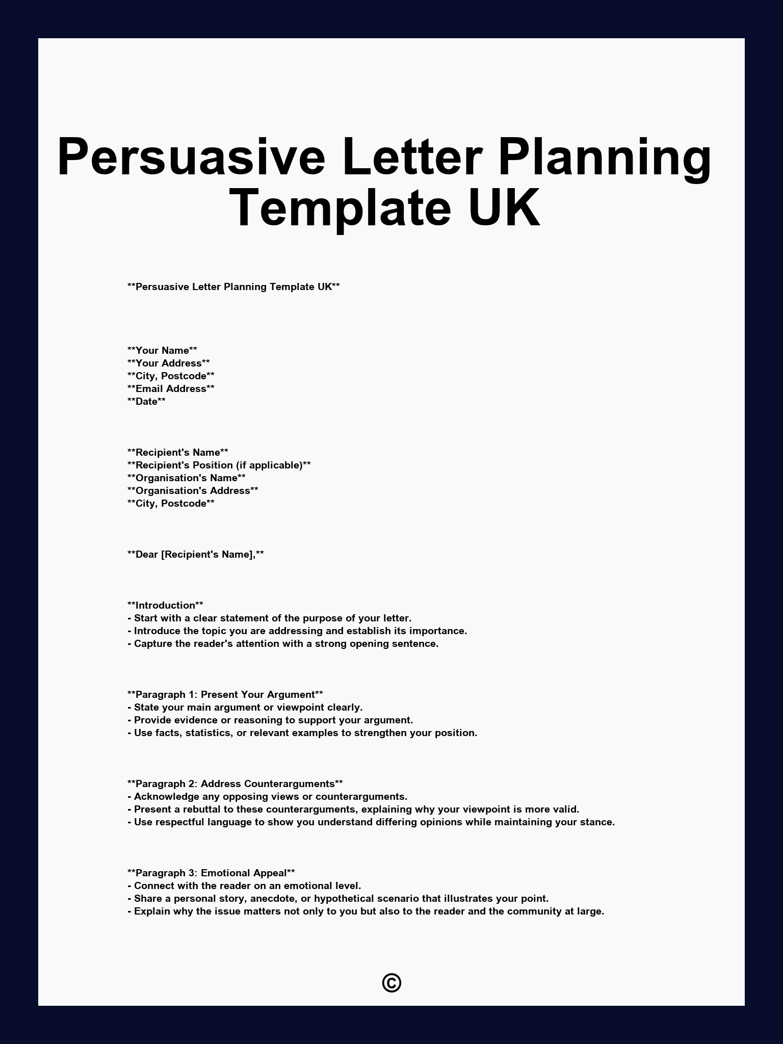 Persuasive Letter Planning Template UK