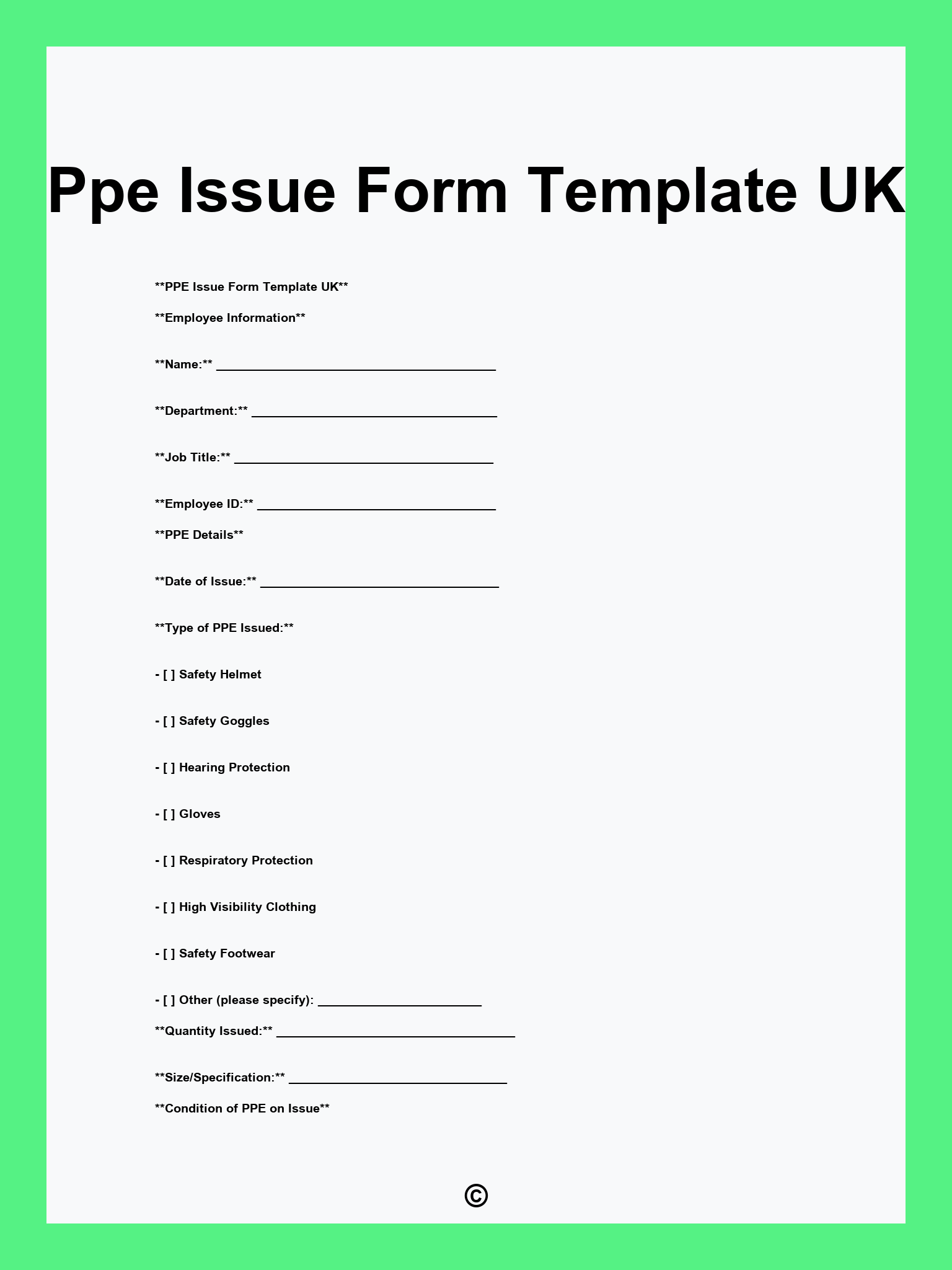Ppe Issue Form Template UK