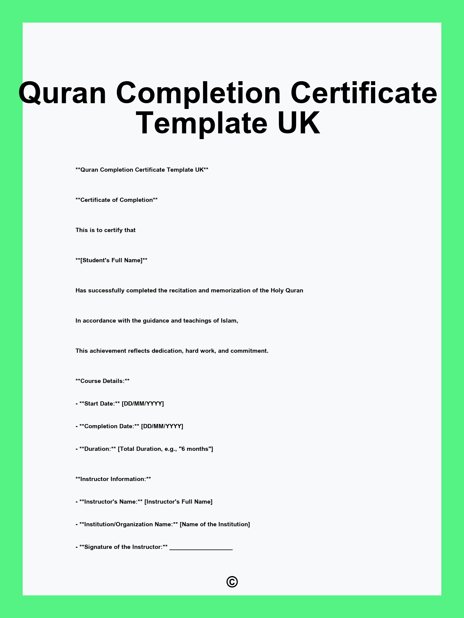 Quran Completion Certificate Template UK