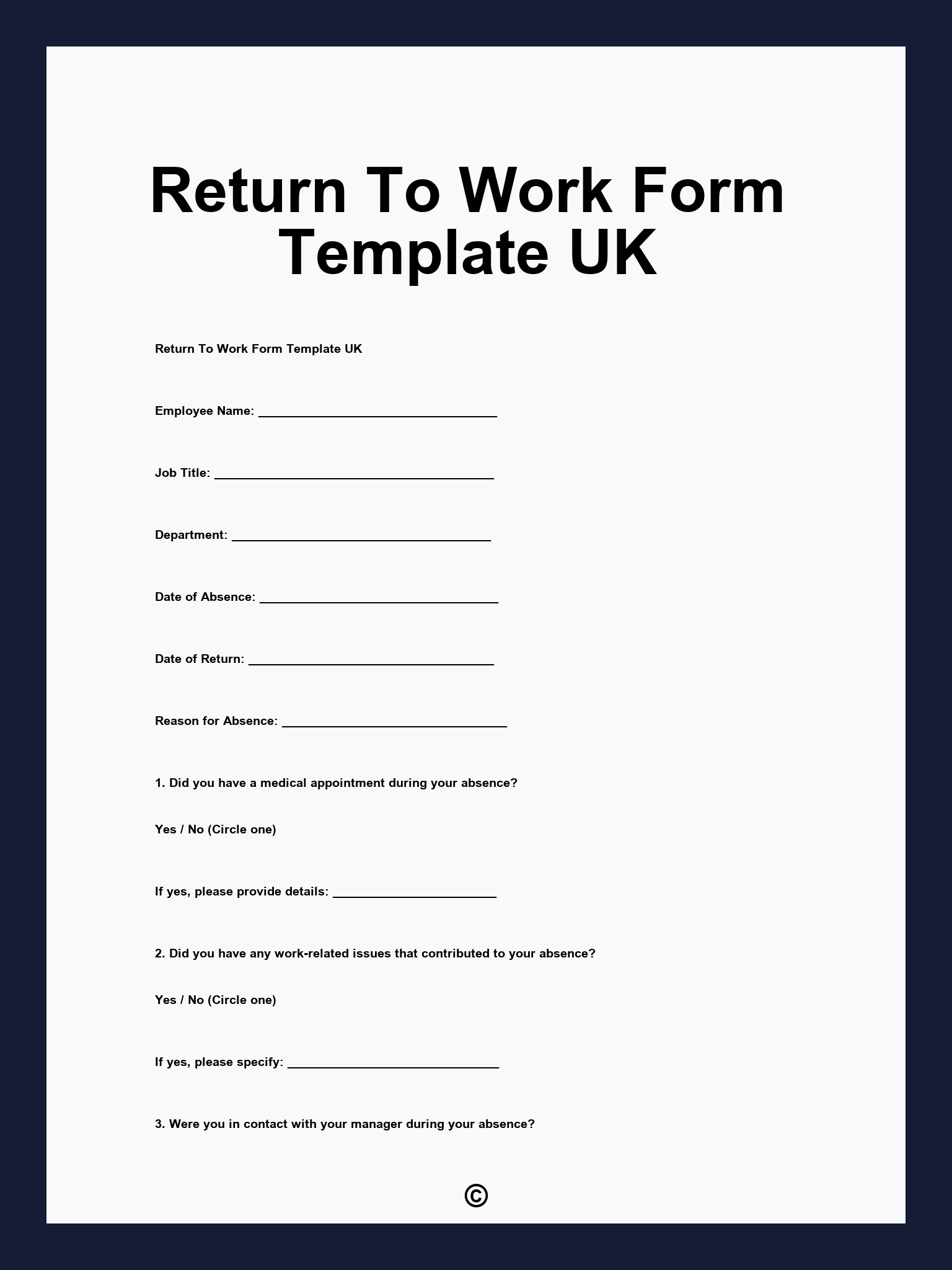 Return To Work Form Template UK