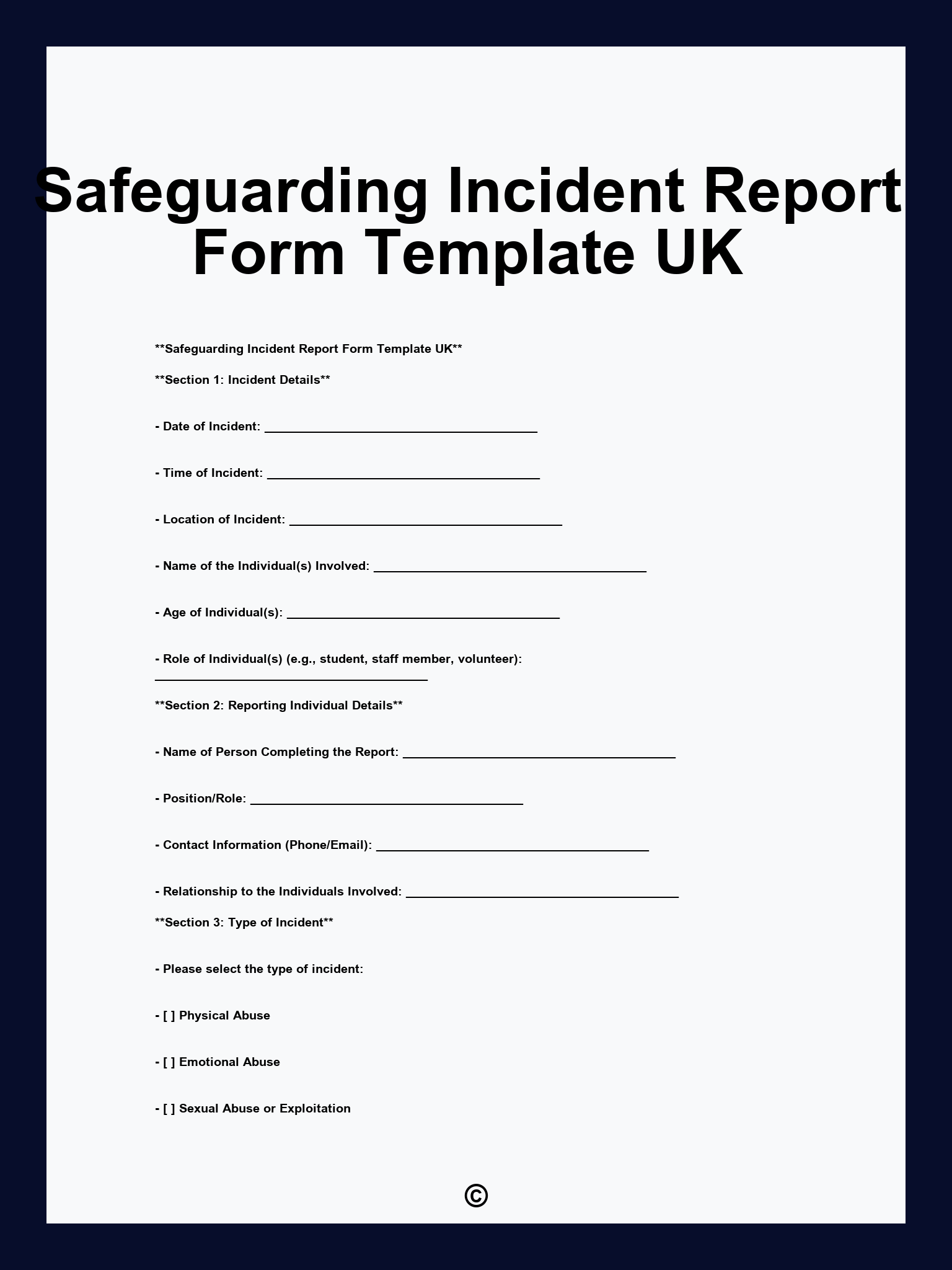 Safeguarding Incident Report Form Template UK