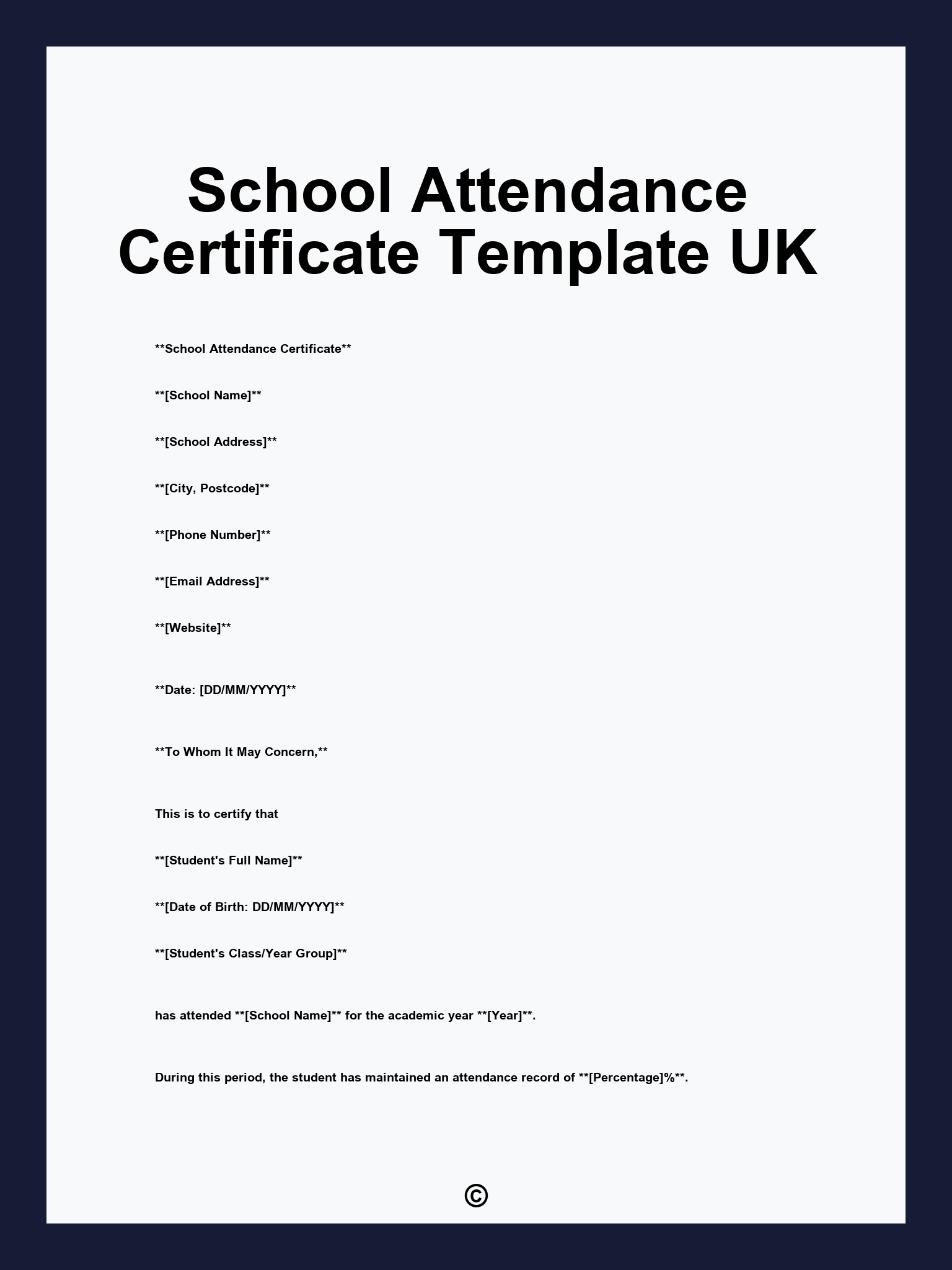 School Attendance Certificate Template UK