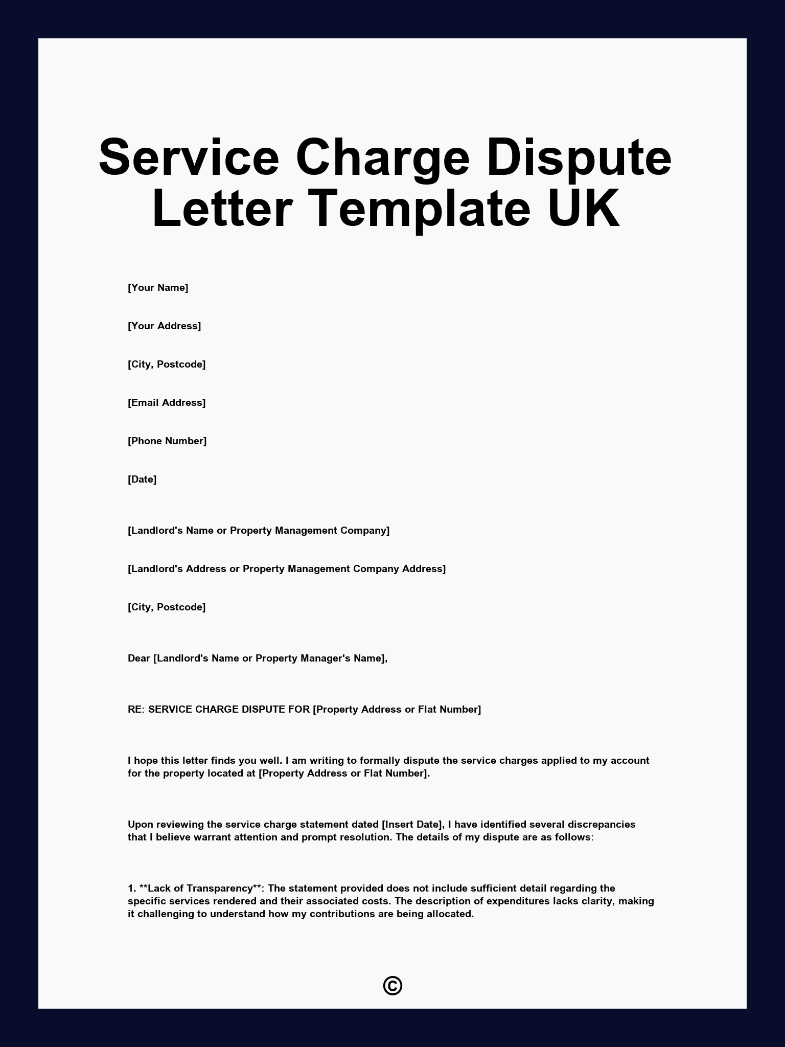 Service Charge Dispute Letter Template UK