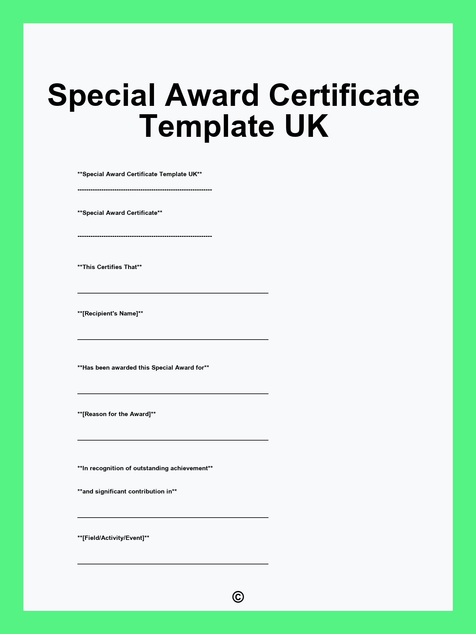 Special Award Certificate Template UK