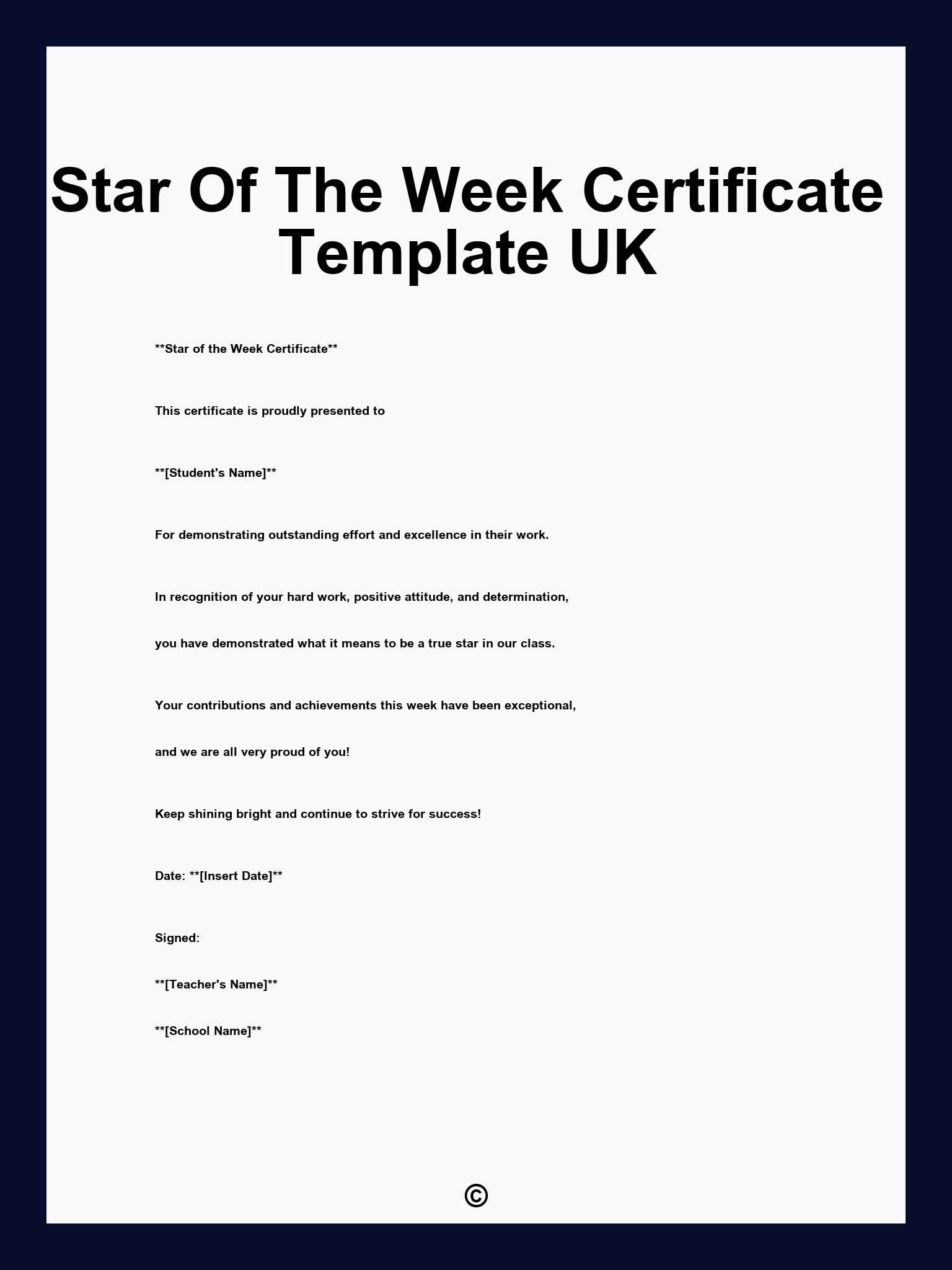 Star Of The Week Certificate Template UK