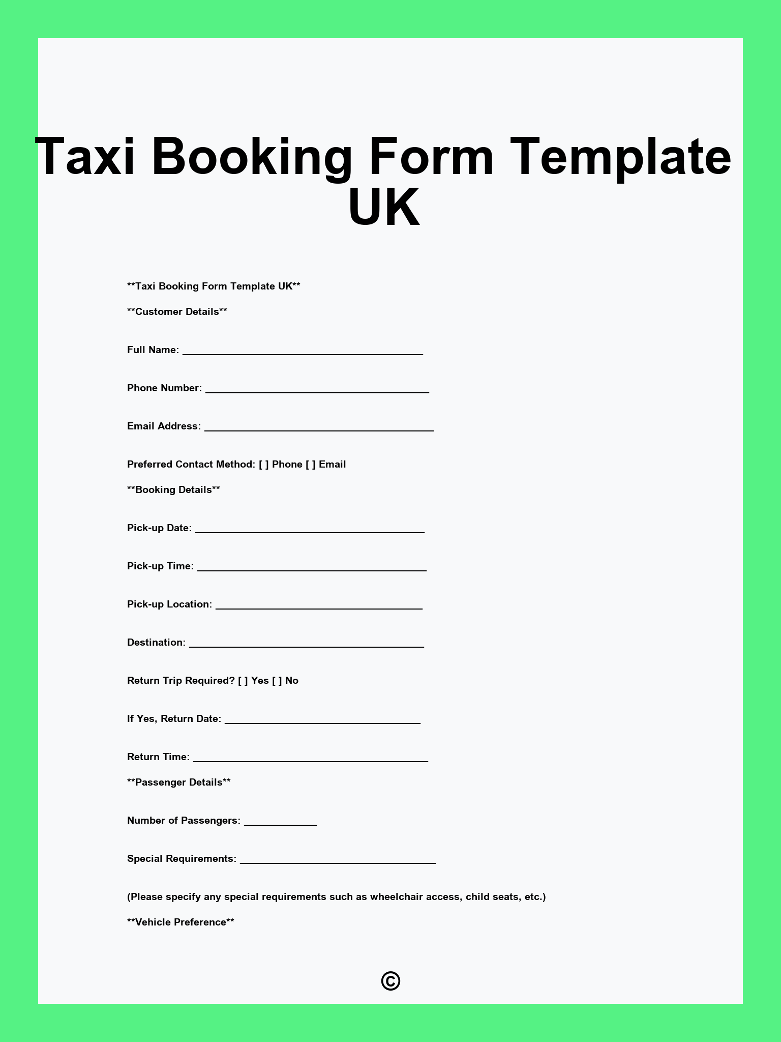 Taxi Booking Form Template UK