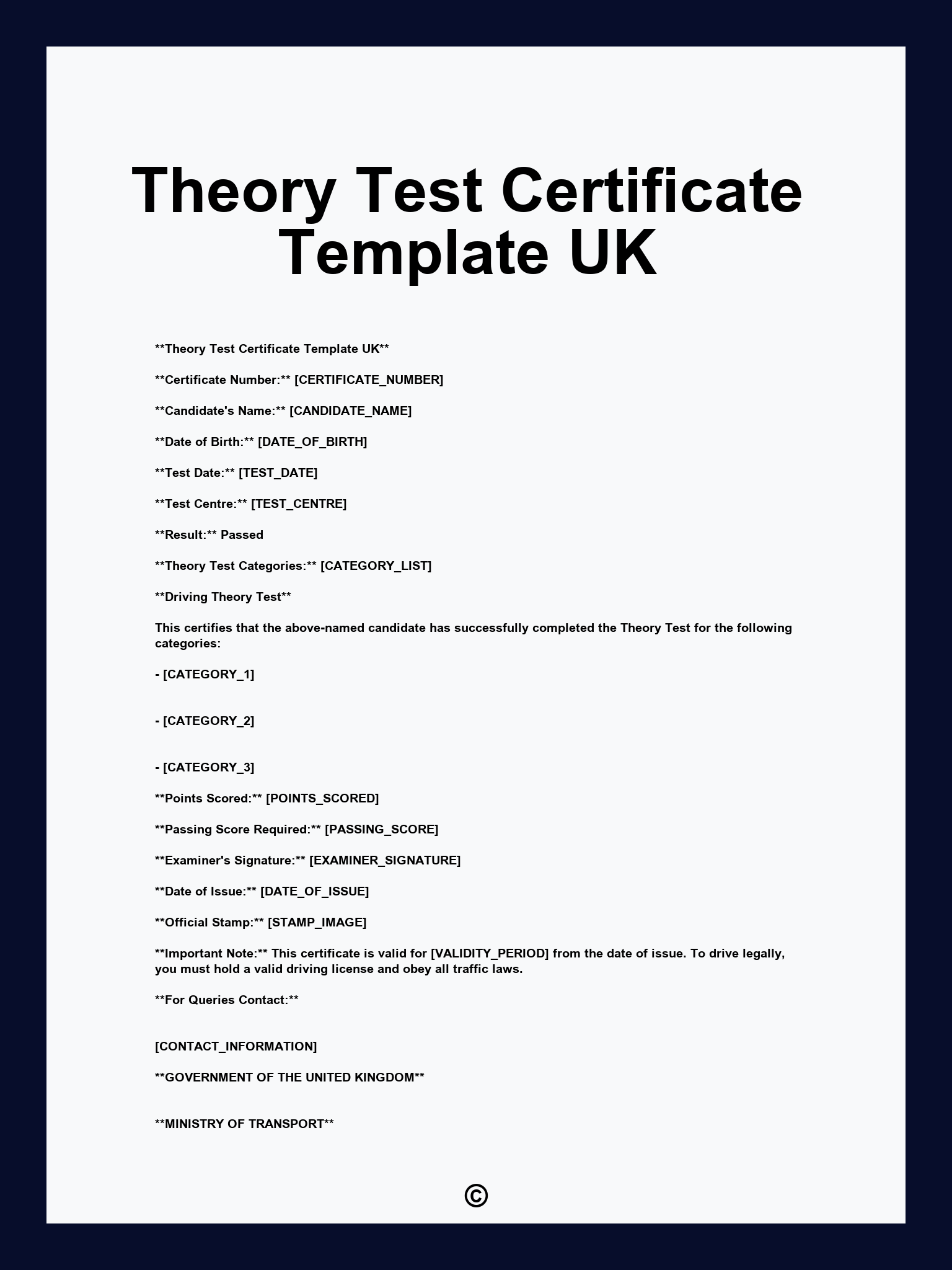 Theory Test Certificate Template UK