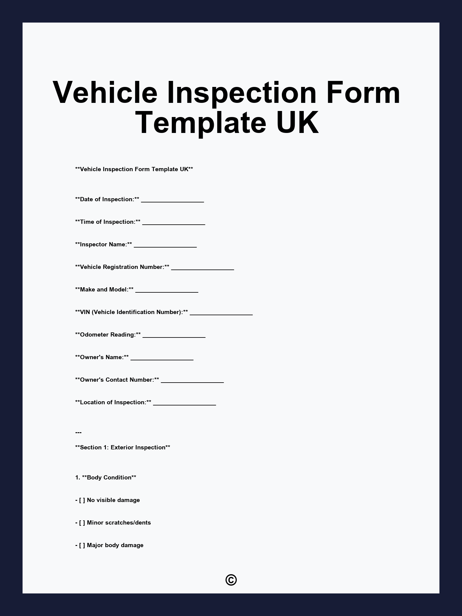 Vehicle Inspection Form Template UK